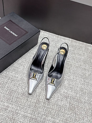 Fortok Saint Laurent BABYLONE BRETEUIL Slingback Pumps Silver 7.5cm