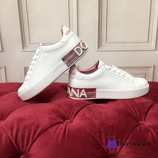 Fortok Dolce & Gabbana White Leather Portofino Sneakers Metallic Pink Logo - 1