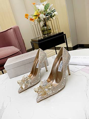Fortok Jimmy Choo Avril Crystal Covered Pointy Toe Pumps Gold 100mm