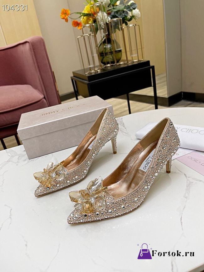 Fortok Jimmy Choo Allure Crystal Covered Pointy Toe Pumps Gold 50mm - 1