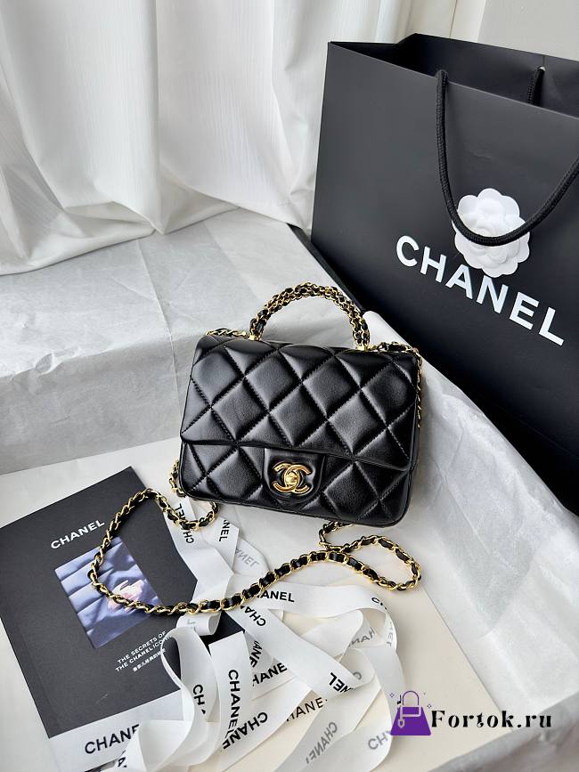 Fortok Chanel Top Handle Mini Flap Bag Black 19cm - 1
