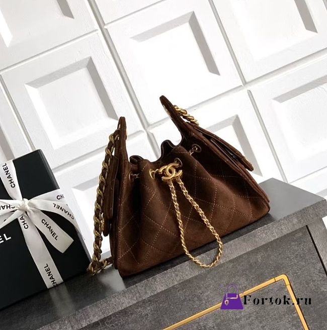 Fortok Chanel 25 Mini Handbag Brown Suede Calfskin 22cm - 1