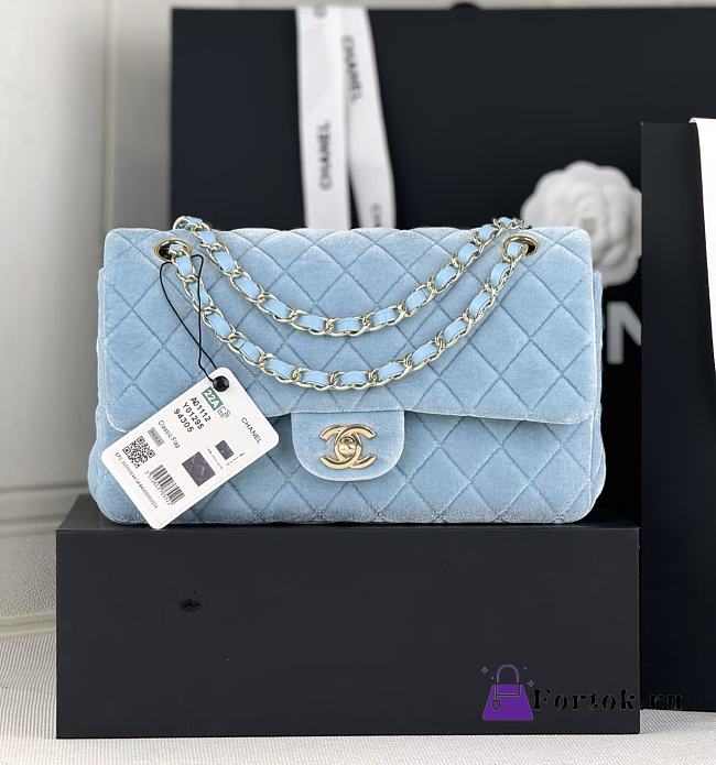 Fortok Chanel Velvet Quilted Flap Bag Blue 25cm - 1