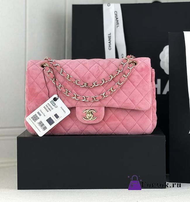 Fortok Chanel Velvet Quilted Flap Bag Pink 25cm - 1