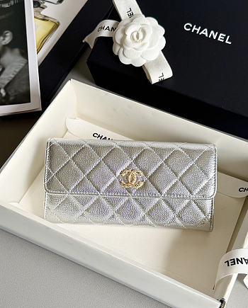Fortok Chanel Long Flap Wallet Metallic Silver 19x3x10cm