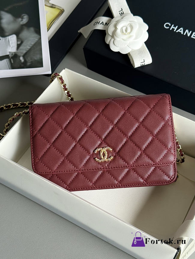 Fortok Chanel Caviar Quilted Wallet on Chain Burgundy 19x3x12cm - 1