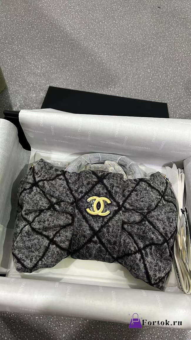 Fortok Chanel Washed Denim Quilted Bow Bag Black 18*26*5cm - 1
