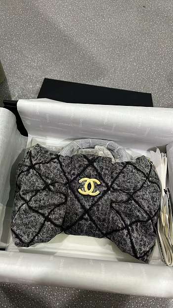 Fortok Chanel Washed Denim Quilted Bow Bag Black 18*26*5cm