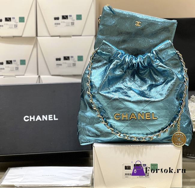 Fortok Chanel Mini 22 handbag Metallic Blue Cyan 32*35*7cm - 1