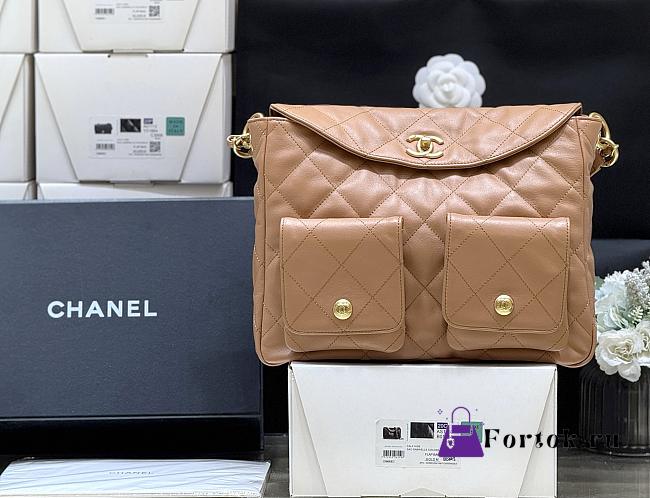 Fortok Chanel 24P Shiny Calfskin Quilted Supple Twins Hobo Bag Caramel 22*30*5cm - 1