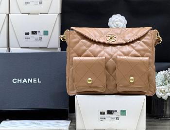 Fortok Chanel 24P Shiny Calfskin Quilted Supple Twins Hobo Bag Caramel 22*30*5cm