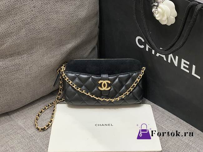 Fortok Chanel Phone Holder Leather n Suede Black 10X18X3cm - 1
