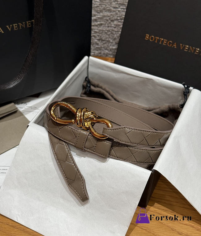 Fortok Bottega Veneta Intrecciato Leather Belt Light Brown Knot Buckle 2cm - 1