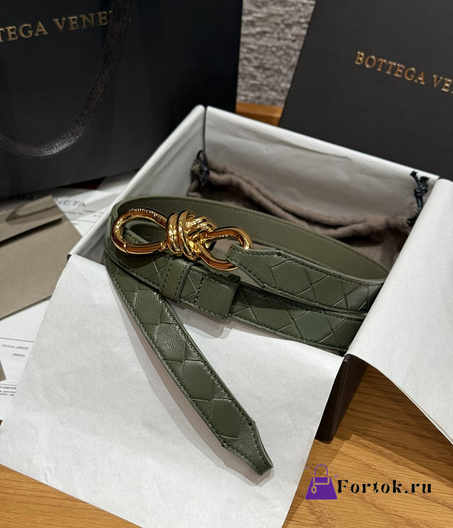 Fortok Bottega Veneta Intrecciato Leather Belt Green Knot Buckle 2cm - 1