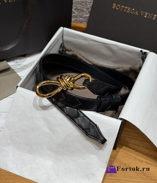 Fortok Bottega Veneta Intrecciato Leather Belt Black Knot Buckle 2cm - 1