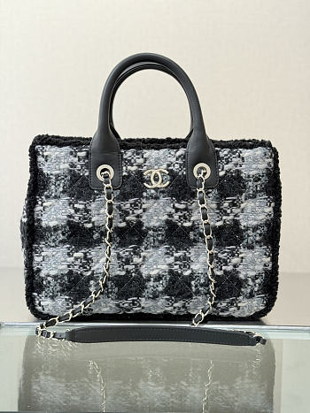 Fortok Chanel Tweed Tote Bag Black 24x33.5x11cm