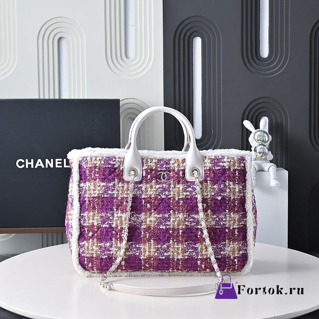 Fortok Chanel Tweed Medium Tote Bag Purple 27.5x39.5x16cm - 1