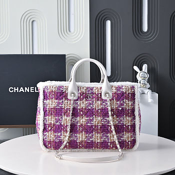 Fortok Chanel Tweed Medium Tote Bag Purple 27.5x39.5x16cm