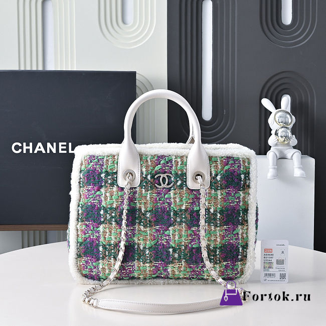 Fortok Chanel Tweed Small Tote Bag Green 24x33.5x11cm - 1