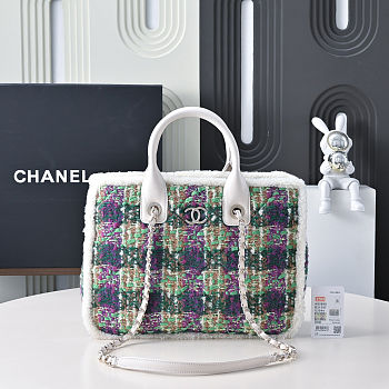 Fortok Chanel Tweed Small Tote Bag Green 24x33.5x11cm