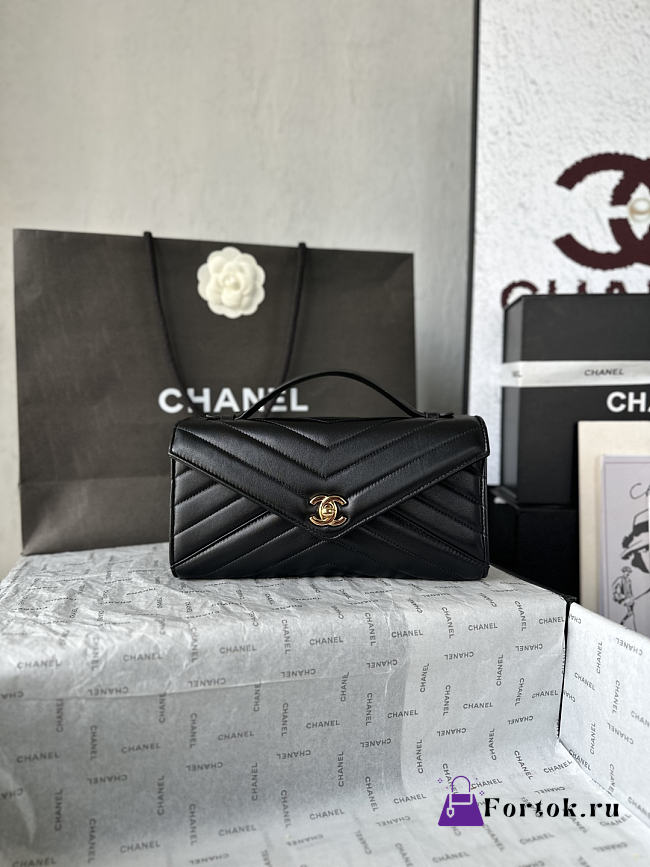 Fortok Chanel Chevron Quilted Top Handle Envelope Clutch Black 10-26-5CM - 1