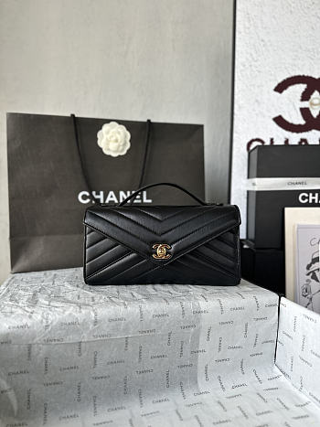 Fortok Chanel Chevron Quilted Top Handle Envelope Clutch Black 10-26-5CM