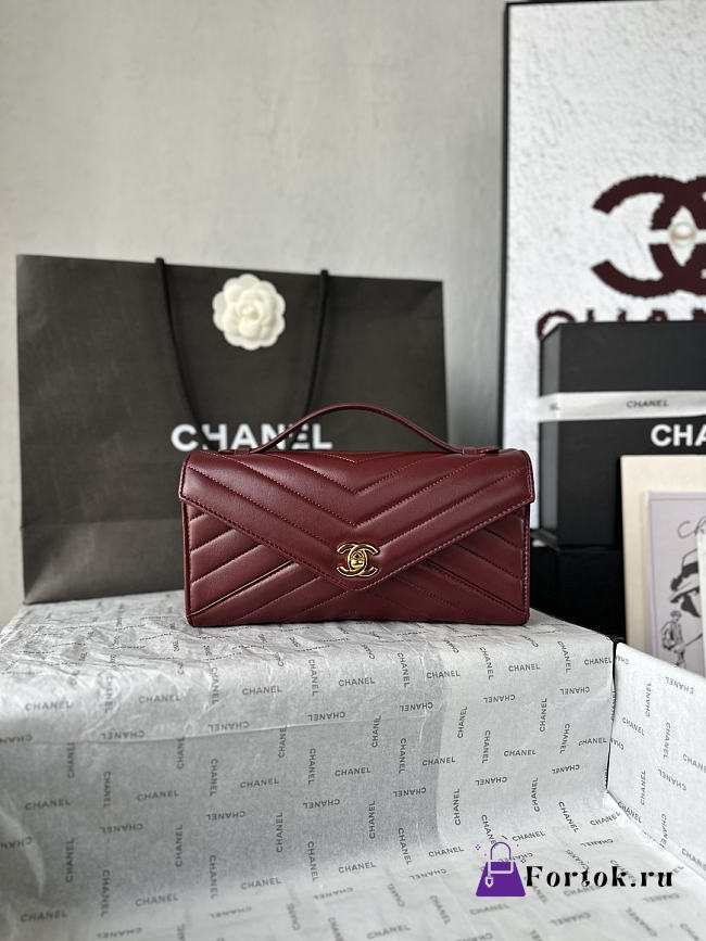 Fortok Chanel Chevron Quilted Top Handle Envelope Clutch Burgundy 10-26-5CM - 1