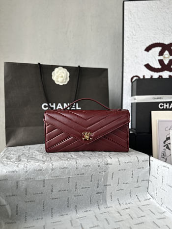 Fortok Chanel Chevron Quilted Top Handle Envelope Clutch Burgundy 10-26-5CM