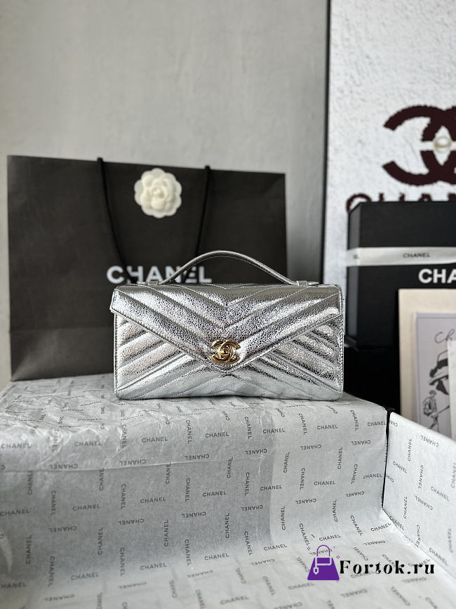 Fortok Chanel Chevron Quilted Top Handle Envelope Clutch Metallic Silver 10-26-5CM - 1