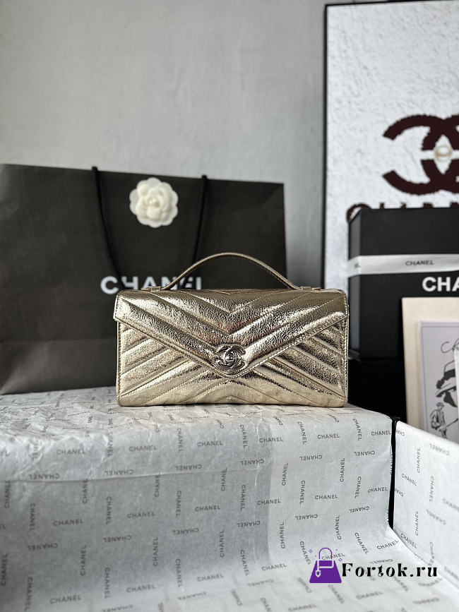 Fortok Chanel Chevron Quilted Top Handle Envelope Clutch Metallic Gold with Silver Hardware 10-26-5CM - 1
