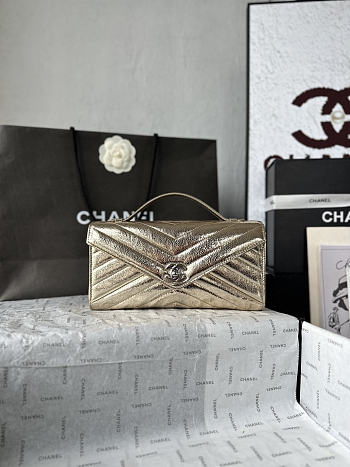 Fortok Chanel Chevron Quilted Top Handle Envelope Clutch Metallic Gold with Silver Hardware 10-26-5CM