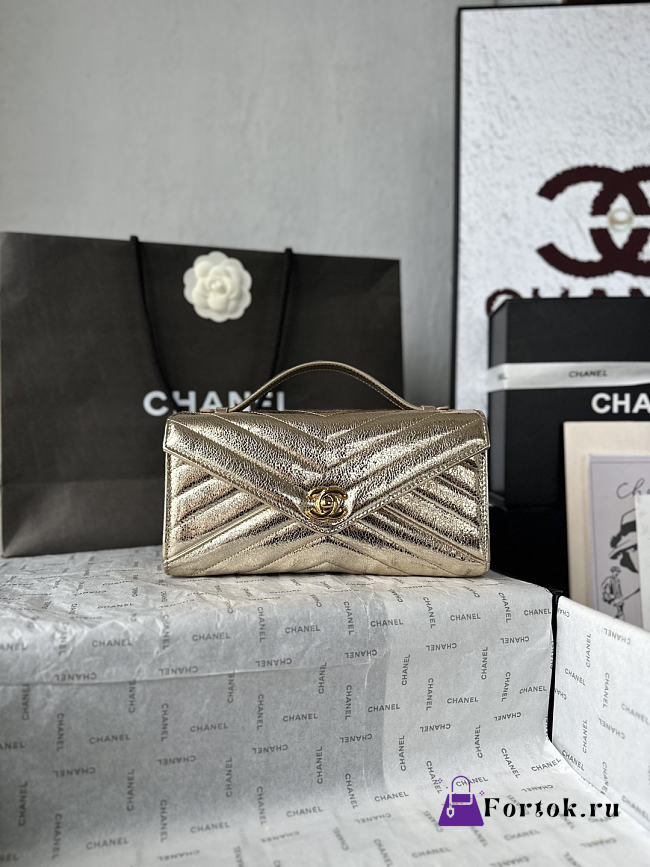 Fortok Chanel Chevron Quilted Top Handle Envelope Clutch Metallic Gold 10-26-5CM - 1