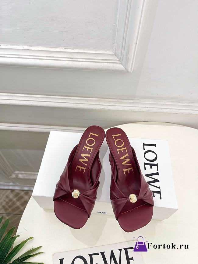 Fortok Loewe Pebble Soft Slides Leather Burgundy Heels 4.5cm  - 1