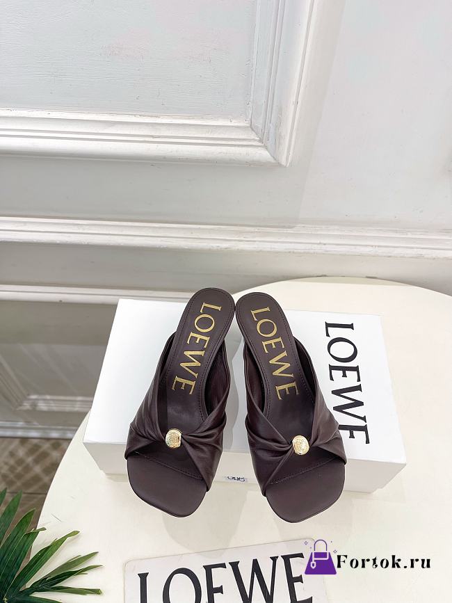 Fortok Loewe Pebble Soft Slides Leather Chocolate Brown Heels 4.5cm  - 1