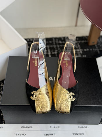 Fortok Chanel Two-Tone Slingback Flats Double C Black-Gold 