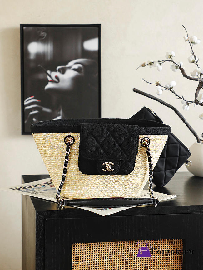 Fortok Chanel Coco Beach Small Shopping Bag Raffia - Black Denim 18 x 41 x 13cm - 1