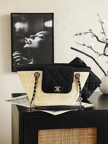 Fortok Chanel Coco Beach Small Shopping Bag Raffia - Black Denim 18 x 41 x 13cm