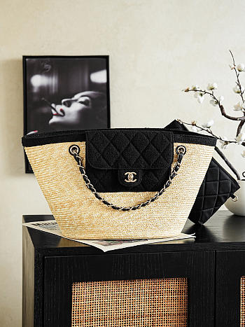 Fortok Chanel Coco Beach Small Shopping Bag Raffia - Blue Denim 26 x 54 x 18cm