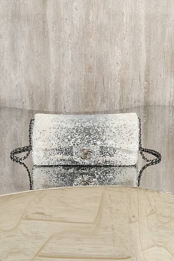 Fortok Chanel Silver/White Sequin CC Flap Shoulder Bag 24x12x4cm