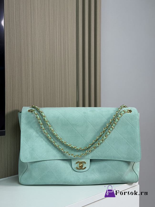 Fortok Chanel Suede Calfskin Souplissimo Maxi Flap Bag Tiffany Blue 38.5×11×26cm - 1