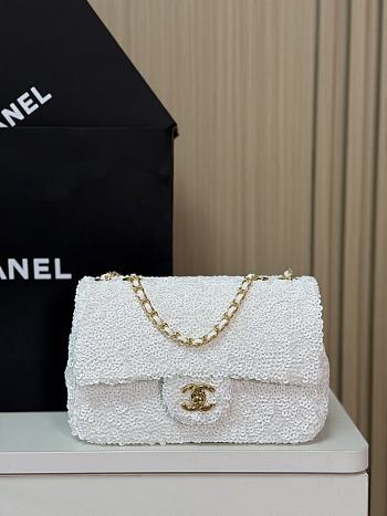 Fortok Chanel Mini Flap Bag Sequins White 20×15×7cm