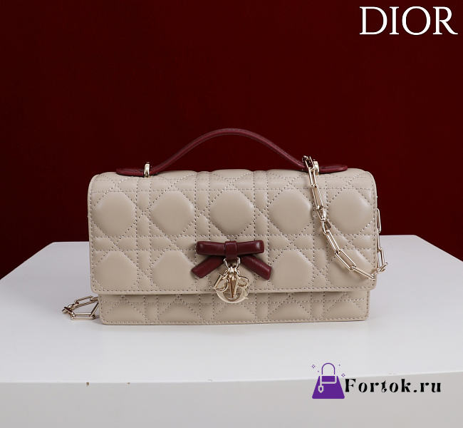 Fortok Dior My Dior Mini Bag Beige Cannage With Burgundy Bow 21cm*11.5*4cm - 1