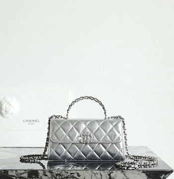 Fortok Chanel Mini Kelly Bag Metallic Silver 10x18x4.5cm