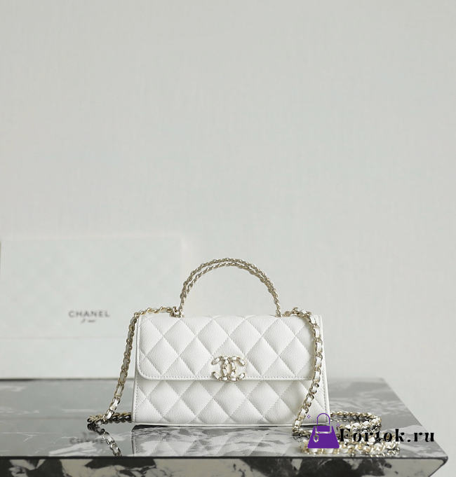 Fortok Chanel Long Clutch Chain Flap Bag Top Handle White Caviar 10x18.5x4.5cm  - 1