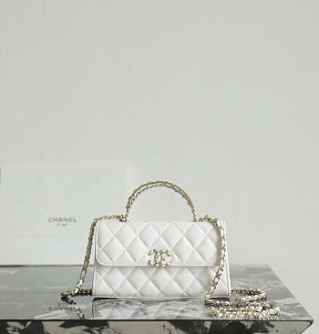 Fortok Chanel Long Clutch Chain Flap Bag Top Handle White Caviar 10x18.5x4.5cm 