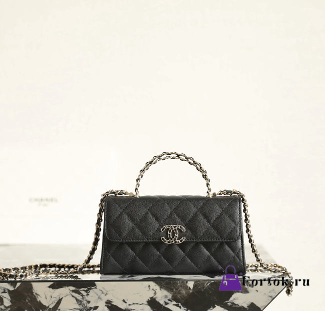Fortok Chanel Long Clutch Chain Flap Bag Top Handle Black Caviar 10x18.5x4.5cm - 1