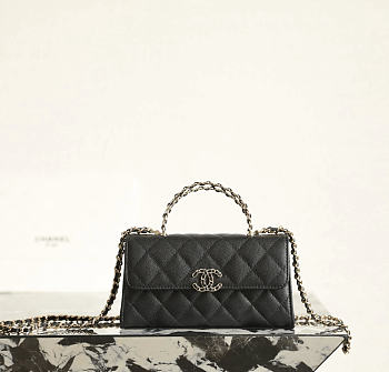 Fortok Chanel Long Clutch Chain Flap Bag Top Handle Black Caviar 10x18.5x4.5cm