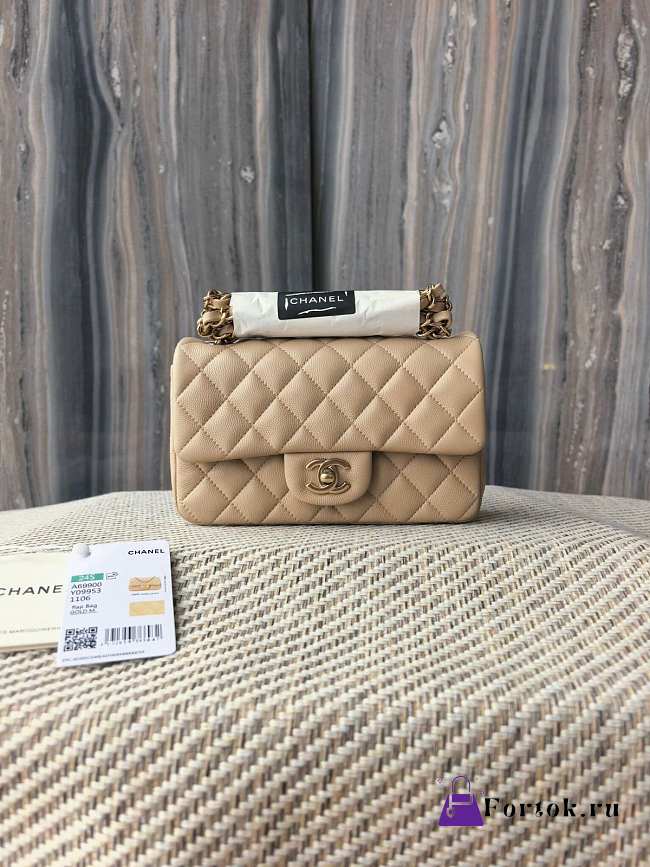 Fortok Chanel Mini Classic Flap Bag Caviar Leather Milk Tea 20cm - 1