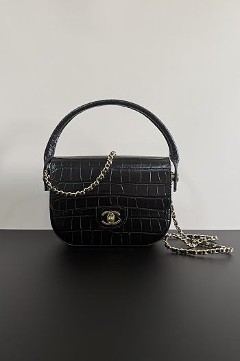 Fortok Chanel Crocodile Embossed Calfskin Top Handle Bag Black 20-15-5.5cm 