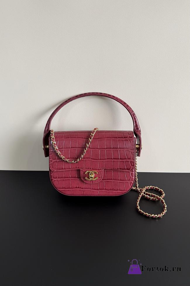 Fortok Chanel Crocodile Embossed Calfskin Top Handle Bag Burgundy 20-15-5.5cm  - 1